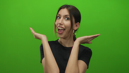 Young hispanic woman wearing black t shirt with open palms shrugging in studio green screen setup;...