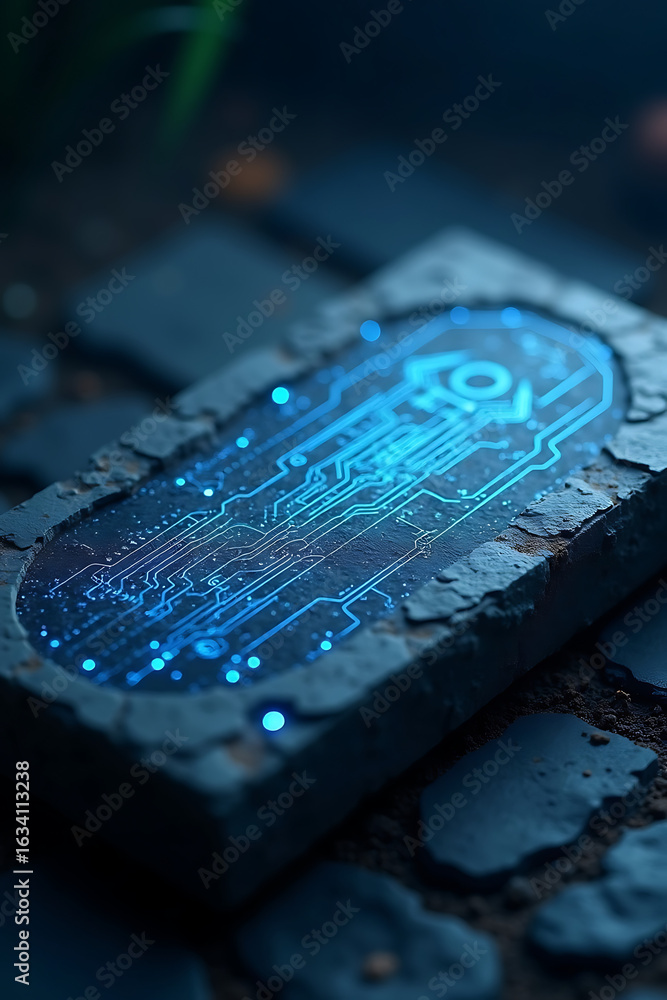 Poster a stone tablet with glowing blue circuit patterns rests on a cobblestone surface, suggesting technol