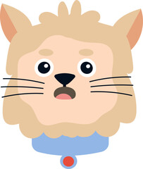 Close up of a surprised cartoon cat wearing a blue collar adorned with a red pendant, wide eyes and an open mouth expressing pure astonishment and delight