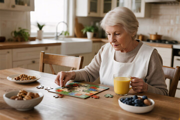 Photorealistic scene of silver-haired senior woman holding turmeric milk and solving puzzle in warm rustic kitchen, surrounded by healthy food and sunlight