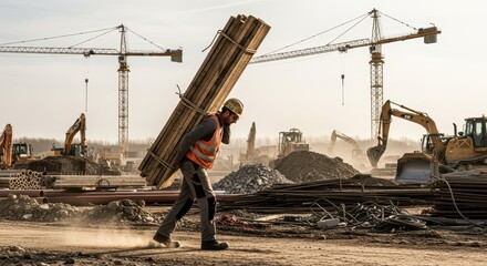 Diligent construction worker carrying lumber on his shoulder across an active building site with cranes.