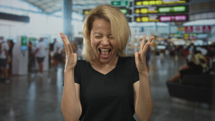 Blonde woman with raised hands shouting in a busy airport terminal near departure board under glass roof; travel excitement.