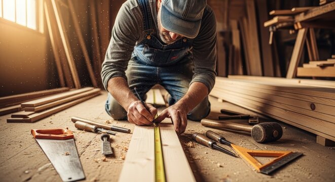 Skilled carpenter precisely measuring and marking a wooden plank in his dusty workshop