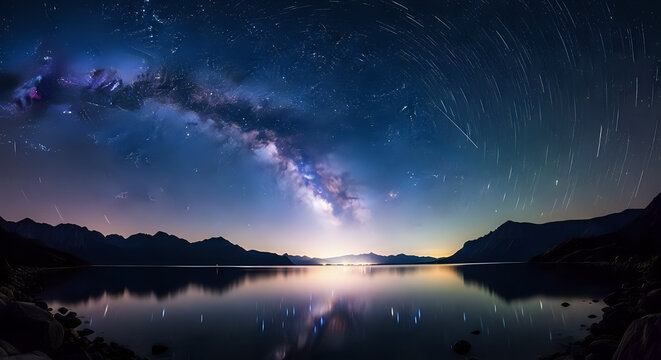 A serene lake reflecting the milky way and meteor shower under a starlit night sky landscape view - Powered by Adobe