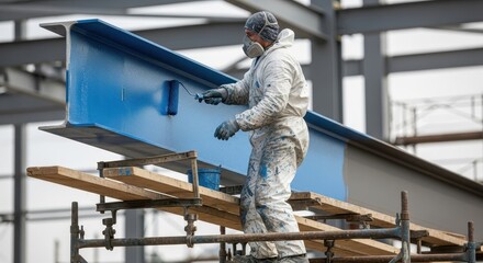 Industrial painter in protective coveralls applies blue paint to a steel beam with a roller