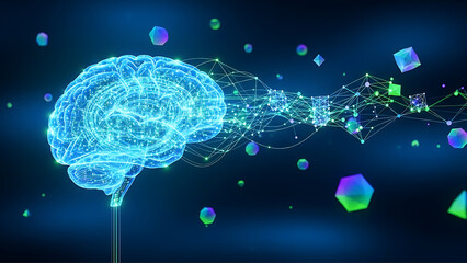 A glowing brain with connected lines and geometric shapes floating in a blue and dark blue background