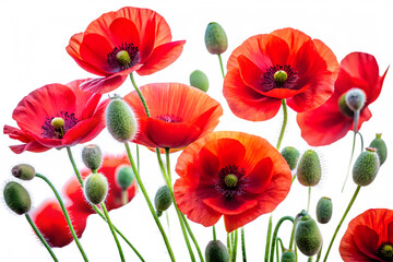 Fototapeta premium Vibrant red poppies with green buds blooming in a field, isolated on transparent background