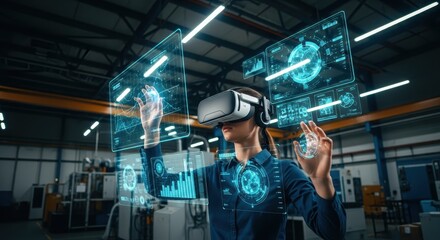Industrial engineer in a virtual reality headset working with a holographic user interface