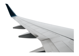 Airplane wing with visible wingtip and ailerons, showing details of aircraft engineering on transparent background.
