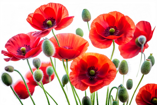 Vibrant red poppies with green buds blooming in a field, isolated on transparent background
