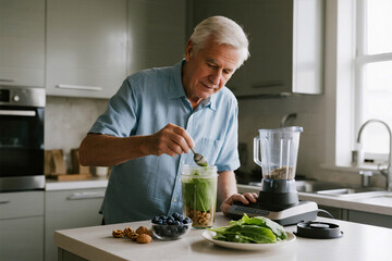 Modern kitchen smoothie prep scene with healthy senior man adding blueberries, spinach, walnuts, and chia seeds to blender under soft daylight, focus on hands and ingredients