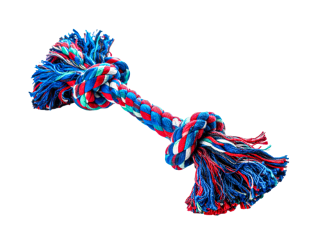 Dog toy rope knot chew tug play pet colorful braided cotton isolated on transparent background