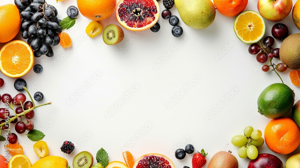 Wall mural composition with various fruits in the form of a frame on a light background with copy space. ideal 