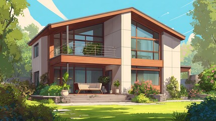 Fototapeta premium Modern House with Lawn and Garden on Sunny Day