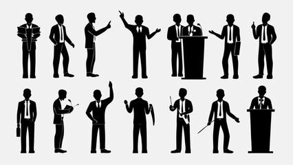 Fototapeta premium Silhouette illustrations of speakers and presenters in various poses at a conference or seminar event | editable eps vectors