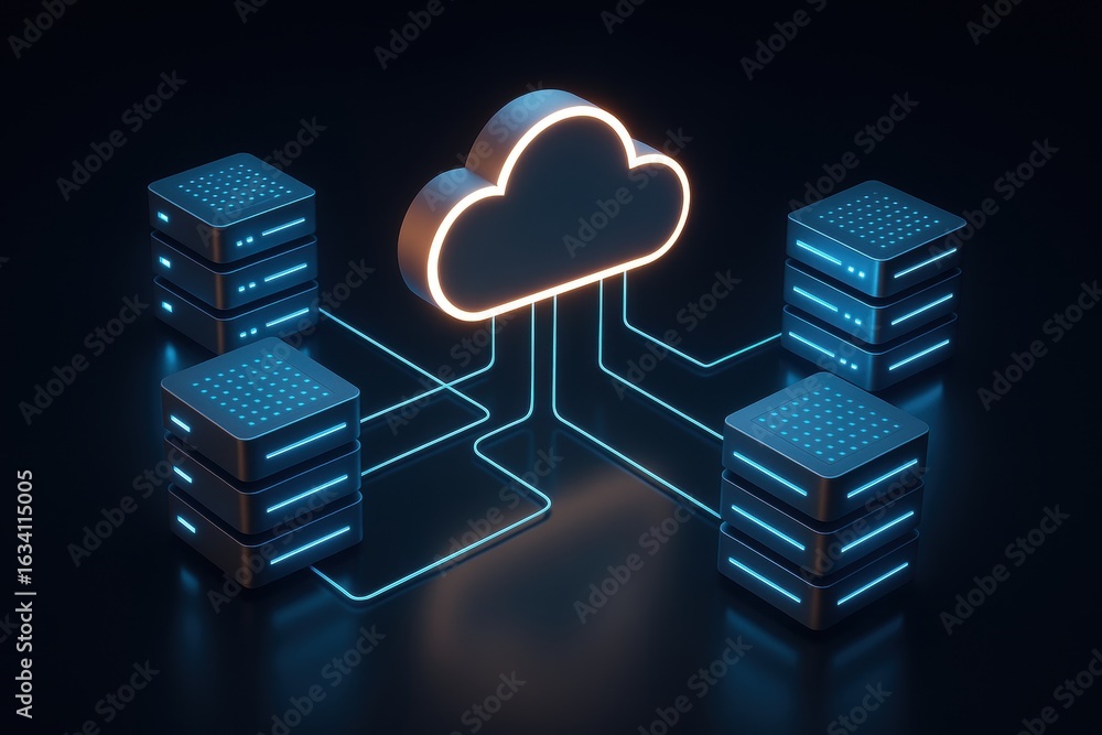Poster cloud data hub: a futuristic depiction of a cloud seamlessly connected to four data servers, forming