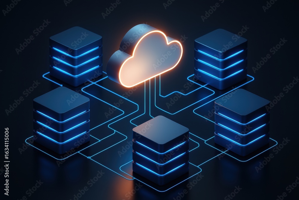 Poster cloud computing and data centers: an artistic rendering depicts a cloud connected to multiple data s