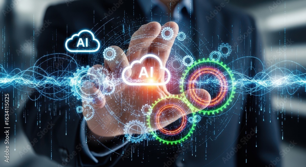 Aufkleber businessman's hand touching a glowing interface of ai, cloud computing and digital automation.