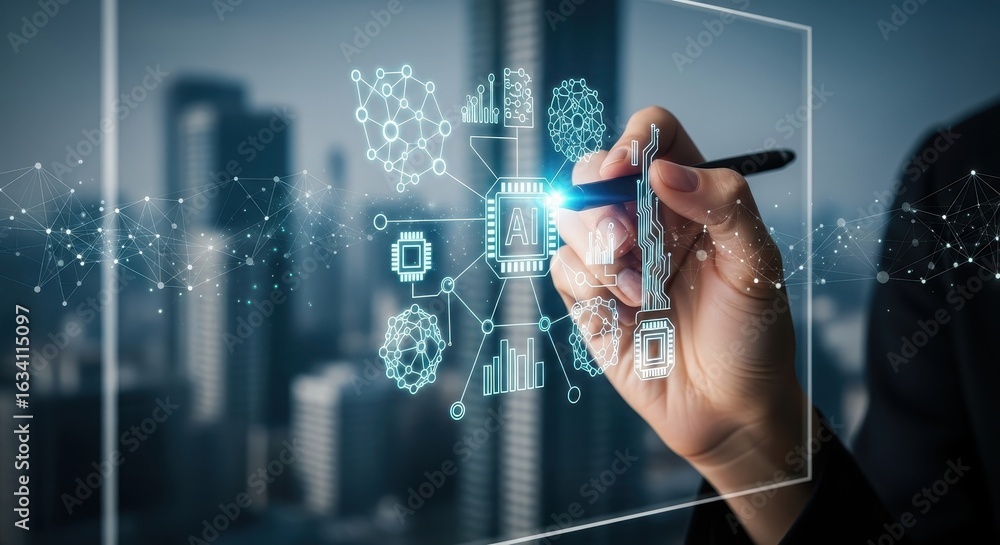 Poster businessperson using a stylus to draw a futuristic ai technology flowchart on a digital screen