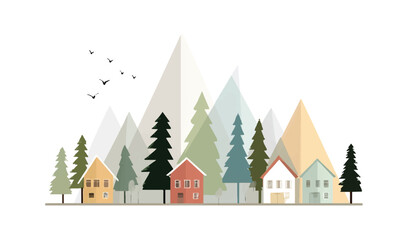 Obraz premium Serene Mountain Village Illustration with Geometric Trees and Colorful Houses Minimalist Landscape Art