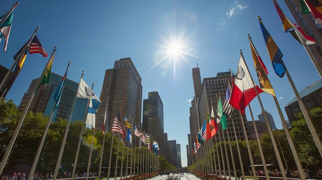 Panorama of city skyscrapers and a row of national flags in front of the UN building in New York under a sunny sky