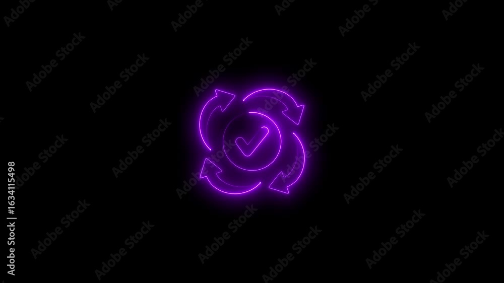 Poster neon purple circular arrows checkmark loop cycle process confirmation success technology concept