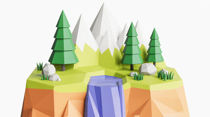 A low-poly 3D render of a mountain landscape with a purple waterfall