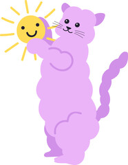 Funny cartoon illustration featuring a purple cat holding a smiling sun, embodying joy and good morning vibes, perfect for children's books and greeting cards