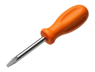 Flathead screwdriver with a shiny metal blade and an orange ergonomic handle on transparent background.