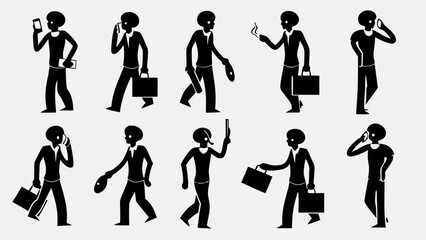 Silhouettes of people in various activities including talking on the phone and carrying briefcases and items | editable eps vectors