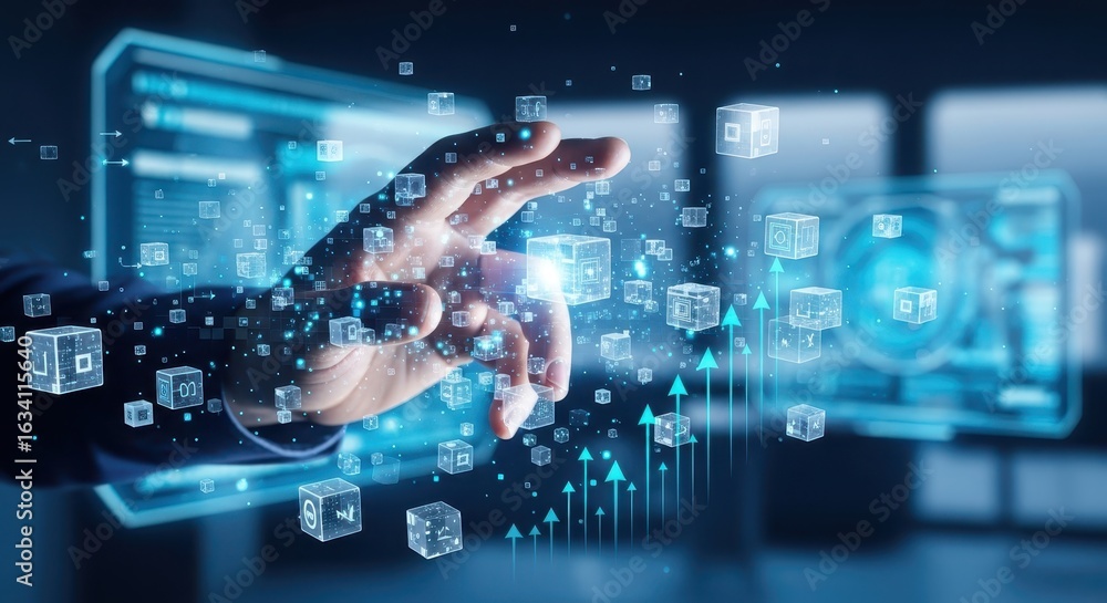 Poster businessman's hand managing a futuristic holographic interface with flowing data blocks and arrows.