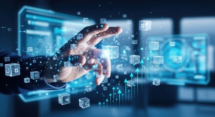 Businessman's hand managing a futuristic holographic interface with flowing data blocks and arrows.