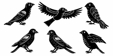 Obraz premium Six stylized black birds in various poses including standing and flying in a vector illustration format | editable eps vectors silhouette