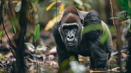 Western Gorilla in the Wild — Portrait of a Rare Animal in Natural Habitat.  Perfect for ecology themes, zoology projects, wildlife preservation campaigns, and educational materials.