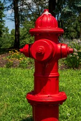 A bright red fire hydrant stands with green trees in the background.
