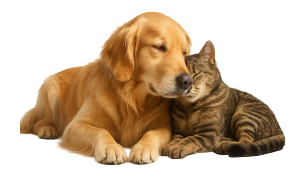 A friendly golden retriever and a tabby cat snuggling closely together, displaying companionship and affection on transparent background.