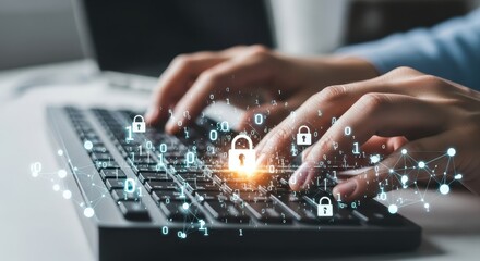 Fototapeta premium Cybersecurity concept Close-up of fingers typing on a keyboard with digital security icons