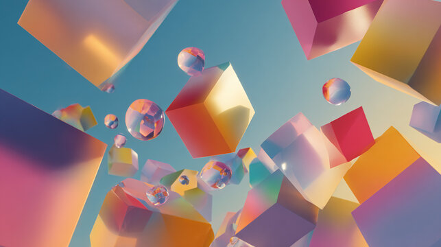 Abstract Cubes And Spheres Floating in The Sky with Soft Pastel Colors