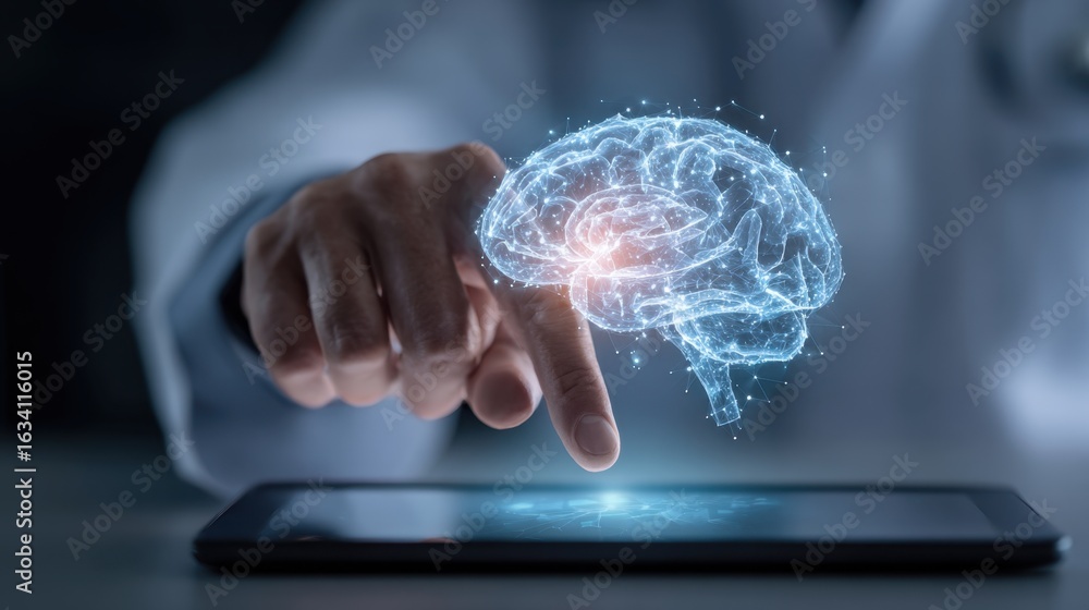 Poster an interactive digital brain interface is explored on a screen, representing innovation, intelligenc