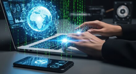 Close-up of hands on a laptop displaying a holographic globe and global network data streams.