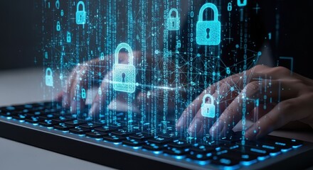 Cybersecurity expert typing on keyboard with glowing digital lock and network interface