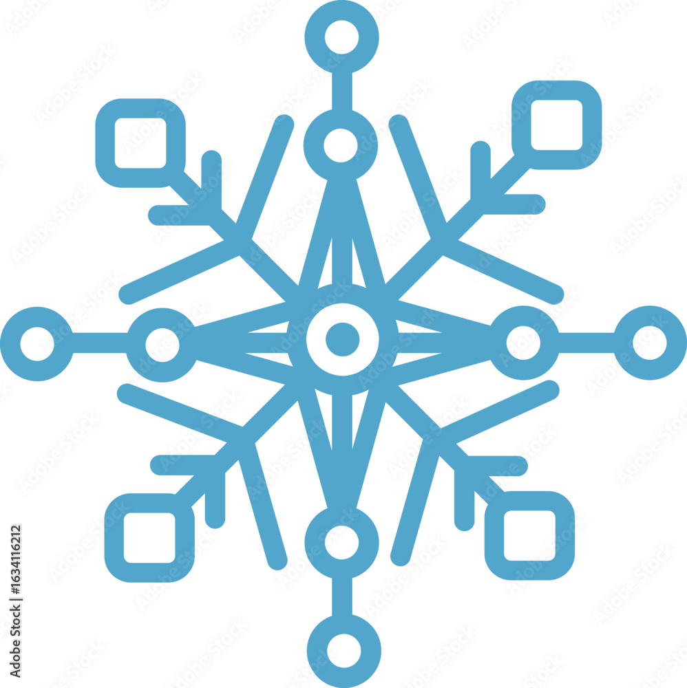 Poster stylized snowflake with thin lines and small squares and circles forming a radial pattern, evoking w