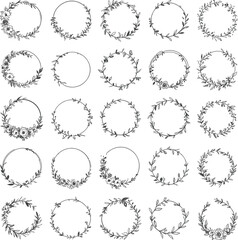 Obraz premium Set of 25 black and white floral wreath illustrations with botanical leaves, branches, and decorative circular frames for design