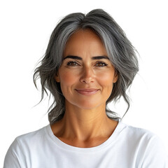 Fototapeta premium Front view close up of an extremely beautiful 65-year-old woman from Brazil in a white t-shirt smiling isolated on a white transparent background.