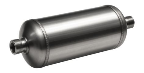 Stainless steel cylindrical industrial filter with threaded ends on transparent background.