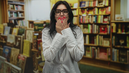 Woman wearing glasses and a white striped shirt blowing a kiss with her hands amid bookstore...