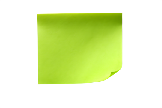 A bright green sticky note with a curled corner, perfect for reminders and messages, isolated on transparent background