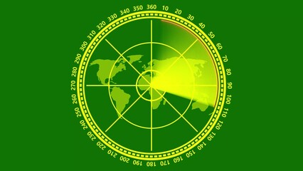 Green radar screen with world map and scanning beam