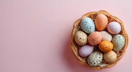 easter eggs in basket on light pastel background, top-down view, soft natural light,  commercial festive concept