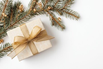 flat lay of Christmas gift box with pine branches and golden ribbon on white background, minimal festive scene, copy space, commercial stock style

